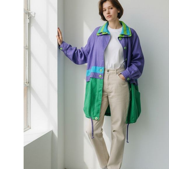 Vintage Jackets & Blazers - Vintage 80s 90s JGallery Colorblock Windbreaker Parka Trench Purple Green Blue L